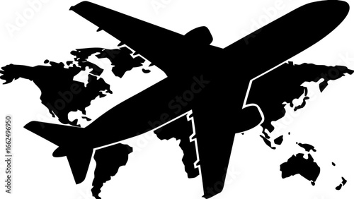 Silhouette of an airplane flying over a world map representing global travel and international destinations