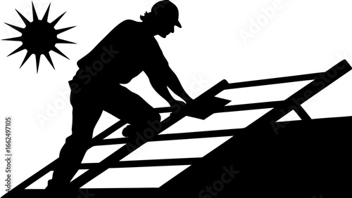 Silhouette of a construction worker on a roof under the sun installing solar panels on a bright day