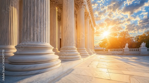 Majestic columns of a courthouse at sunrise. 