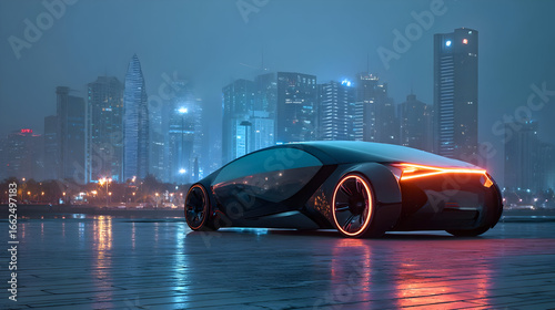 Futuristic Electric Sports Car in City at Night