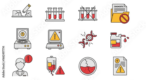 Lab Safety Alert Icon Set: Hazardous Biomedical Procedures and Medical Test Warnings in Bold Color