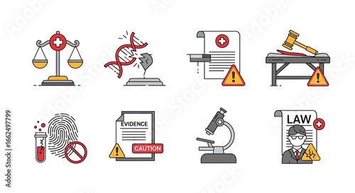Crime scene investigation icon set featuring medical law balance, evidence, DNA damage, and forensic science elements in outline style