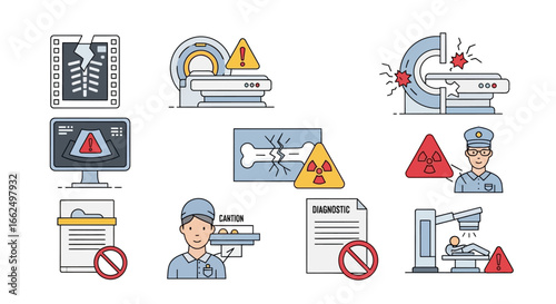 Medical Radiology Hazards Icon Set: Diagnostic imaging risks, radiology tech, radiation warning signs.