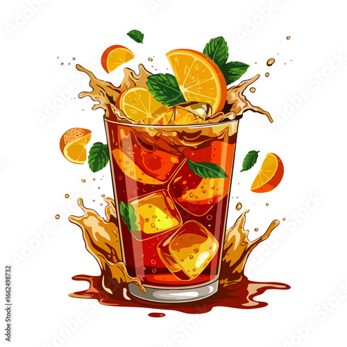 Cool refreshing iced tea beverage illustration with orange slices and mint leaves splashing in vibrant summer style