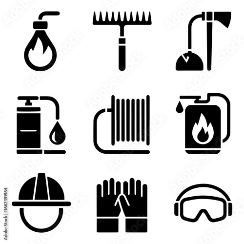 Fire Safety Icons: Torch, Fire Extinguisher, Hose, and Protective Gear