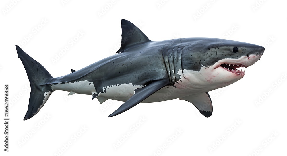 Naklejka premium Fierce Great White Shark Isolated on White Background, Showing Teeth