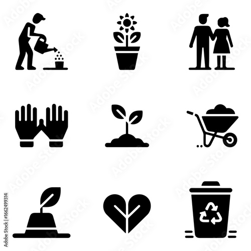 Couples Gardening Solid Icons Watering Can and Flowerpot Vector Set