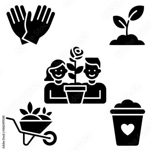 Couples Gardening Solid Icons Watering Can and Flowerpot Vector Set