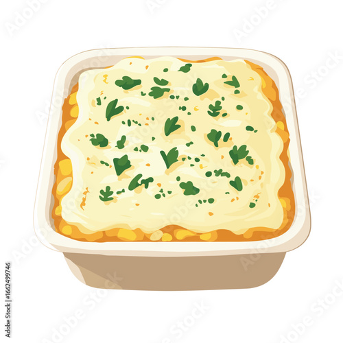 flat vector of a shepherd's pie with golden mashed potato topping in a tray, warm comfort food