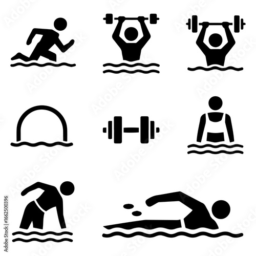 Aquatic Fitness Silhouette Icons – Water Exercise Vector Collection