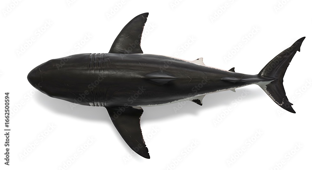 Fototapeta premium Great White Shark Isolated Overhead View, Striking Black and White Contrast, Detailed Fins and Gills