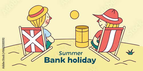 Two people relaxing on beach chairs under a yellow sun summer