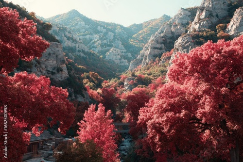 Autumnal mountain valley with vibrant red trees