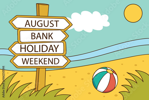Beach signpost with holiday words and striped ball august bank