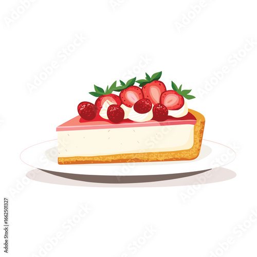 flat vector of a slice of strawberry cheesecake with topping, delicious sweet food