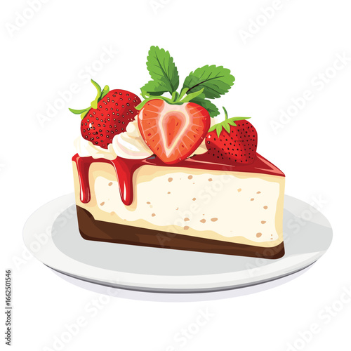 flat vector of a slice of strawberry cheesecake with topping, delicious sweet food