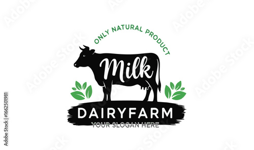 Black silhouette of a cow with green leaves and 'Milk' text, 'DAIRYFARM' below, and 'ONLY NATURAL PRODUCT' above, ideal for dairy product branding, logos, and packaging design.