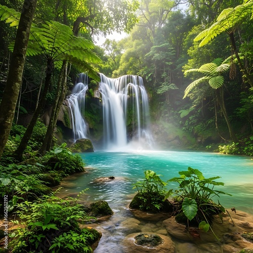 Lush waterfall in a tropical rainforest