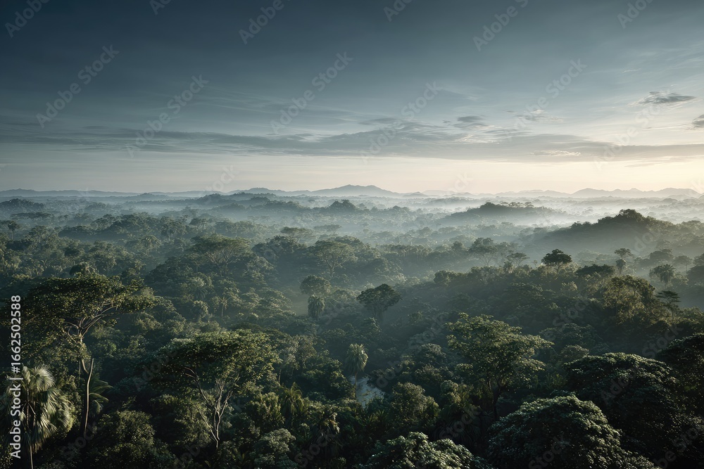 Fototapeta premium Misty sunrise over a dense rainforest canopy