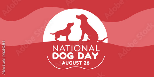 Two red dogs silhouetted against a white circle and red wavy background with text vector