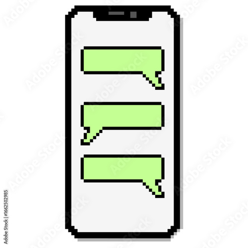 Pixel phone with bubble speech vector for mobile communication, apps, and digital messaging. Useful for illustrating chat, social media, or technology in a fun, retro, 8-bit style.