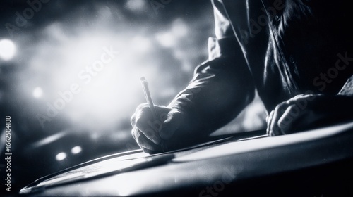 Artist's hand drawing with a pencil on paper, bright backlight