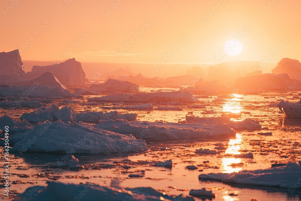 Naklejka premium Golden sunset over a field of icebergs