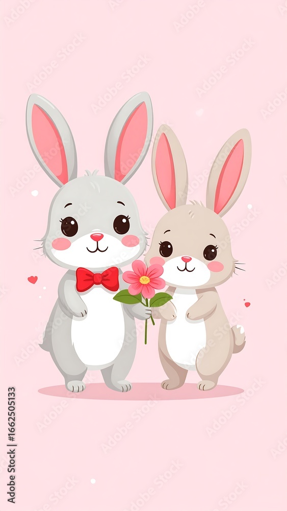 Fototapeta premium Cute rabbits giving a flower