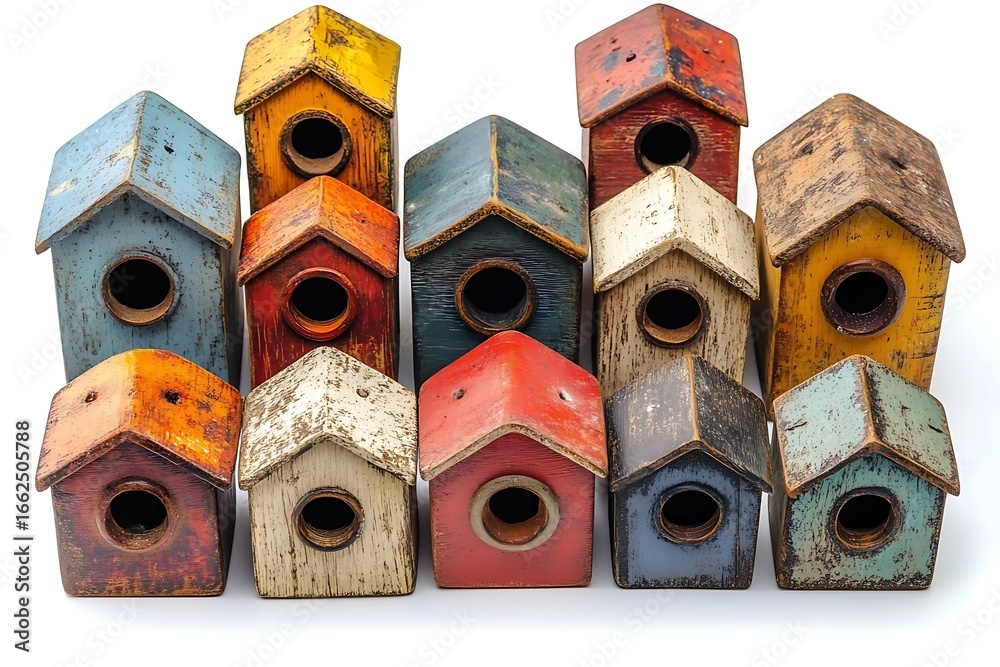 Fototapeta premium Array of Rustic, Colorful Wooden Birdhouses with Circular Openings Isolated on White