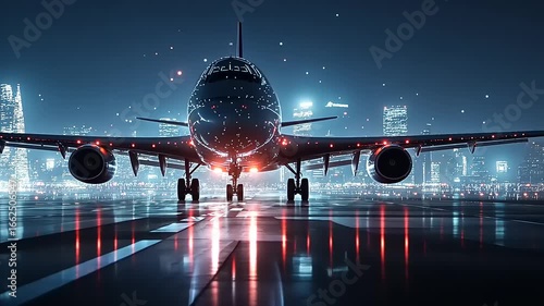 Airplane on runway at night with city skyline in background, illuminated by lights and reflections