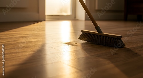 Wallpaper Mural Broom Sweeping Wooden Floor in Sunlight - Home Cleaning Concept Torontodigital.ca