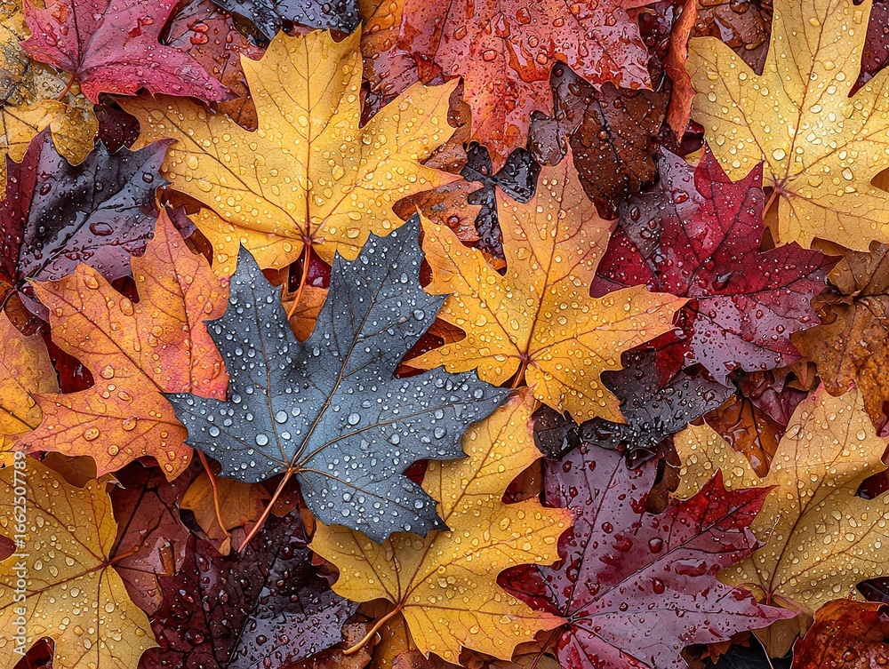 Fototapeta premium Autumn Leaves Overhead - Red Maple with Blue Contrast Leaf