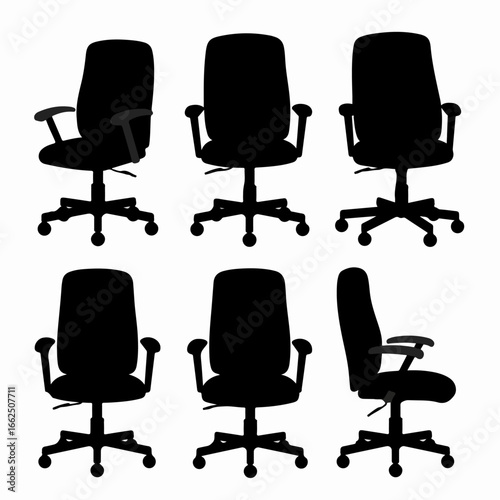 Collection of six black ergonomic office chair silhouettes, isolated on white background, shown from various angles for design elements.