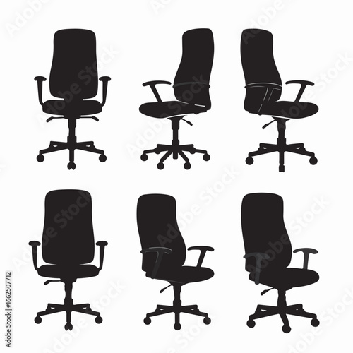 Collection of Black Office Chair Silhouettes from Various Angles on White Background