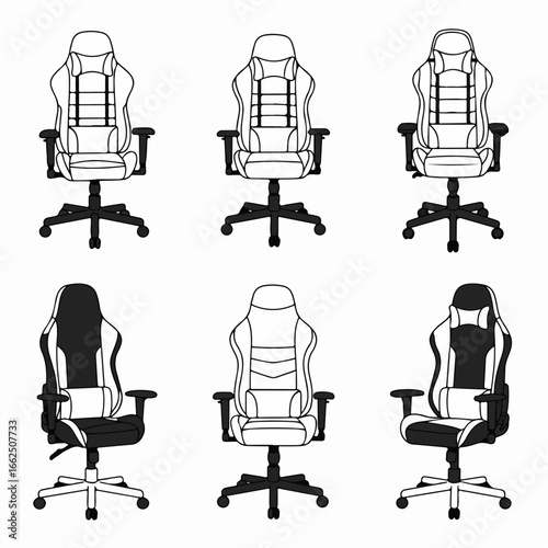 Set of Gaming Chairs Illustrations: Modern Ergonomic Designs in Black and White, Line Art, and Filled Styles for Office and Esport