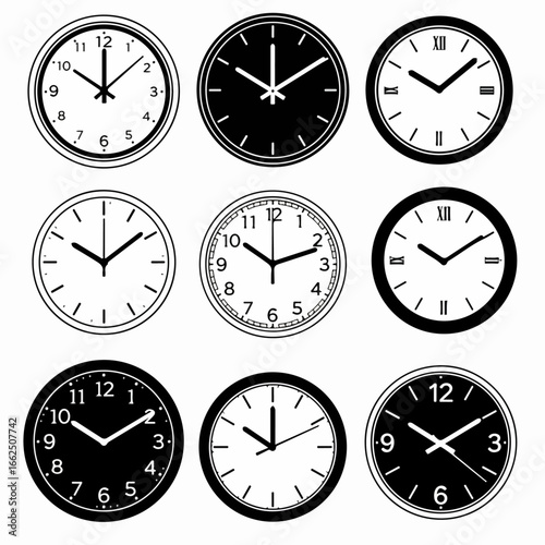 Collection of black and white analog clock icons showing various times and designs, symbolizing punctuality, deadlines, and time management.