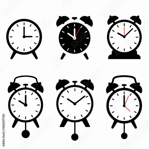 Collection of six diverse alarm clock and clock icons, depicting time, deadlines, and scheduling in a minimalist black and white design.