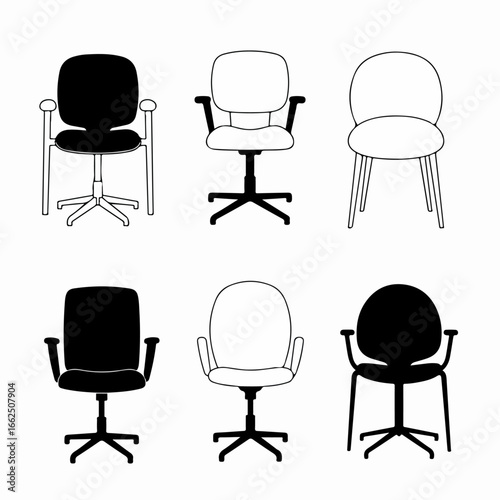 Collection of office and household chairs in outline and silhouette styles, suitable for design and illustration.