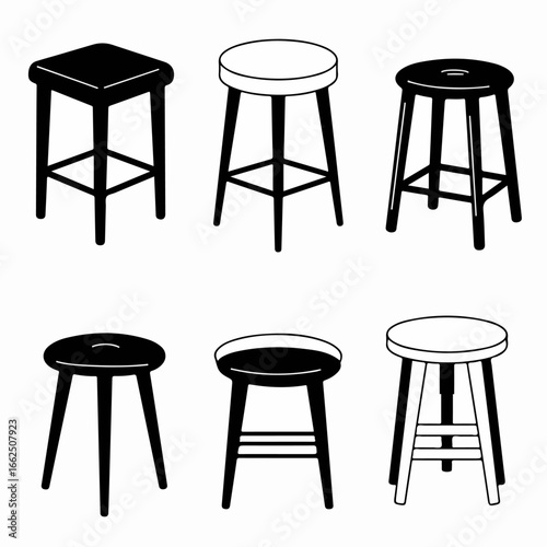 Collection of diverse minimalist stool icons in black and white, showcasing various designs for furniture and interior concepts.