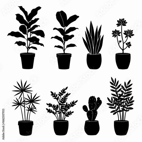 Black silhouettes of various potted indoor house plants and succulents, perfect for home decor, garden, and botanical themes.