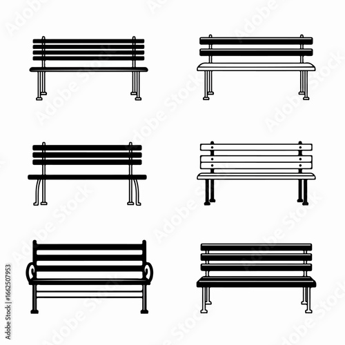 Black and white line art set of various park benches, offering distinct styles for outdoor seating and public space design icons.