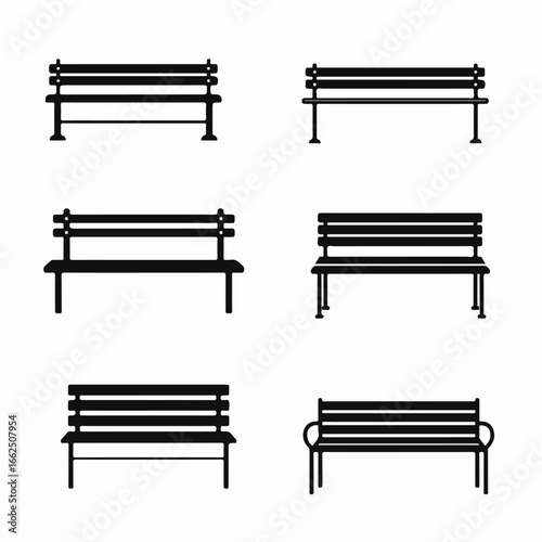 Collection of six black silhouette park bench icons on a white background, suitable for various design applications.