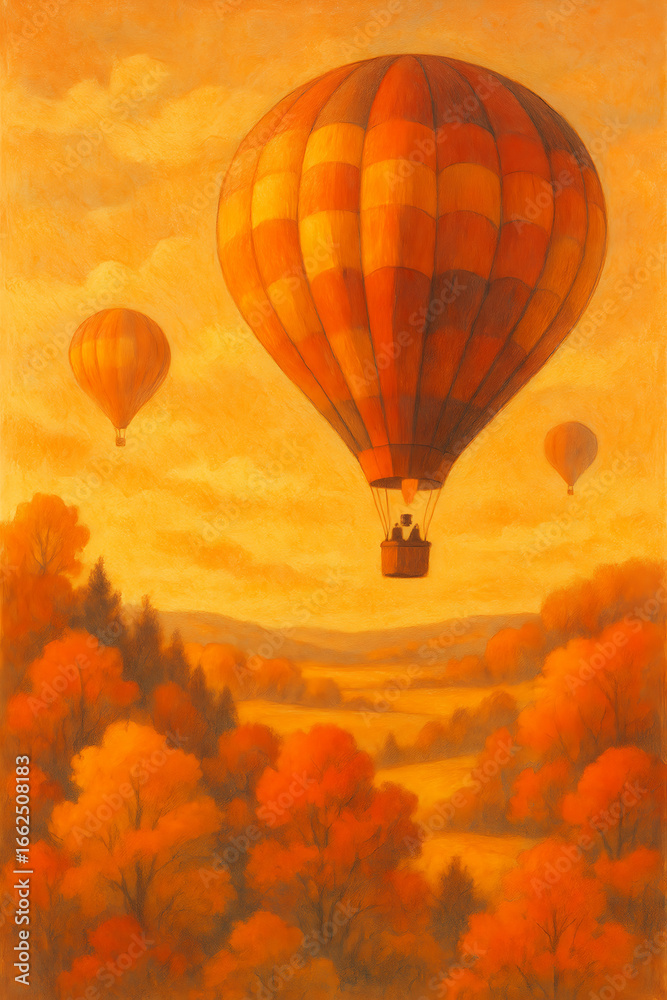 Fototapeta premium Warm Pastel Autumn Landscape with Hot Air Balloons and Forest