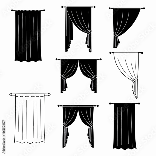 Curtain Silhouettes Collection: Various Styles of Drapes and Window Dressings on Rods. Black and Outline Icons for Interior Design and Home Decor.
