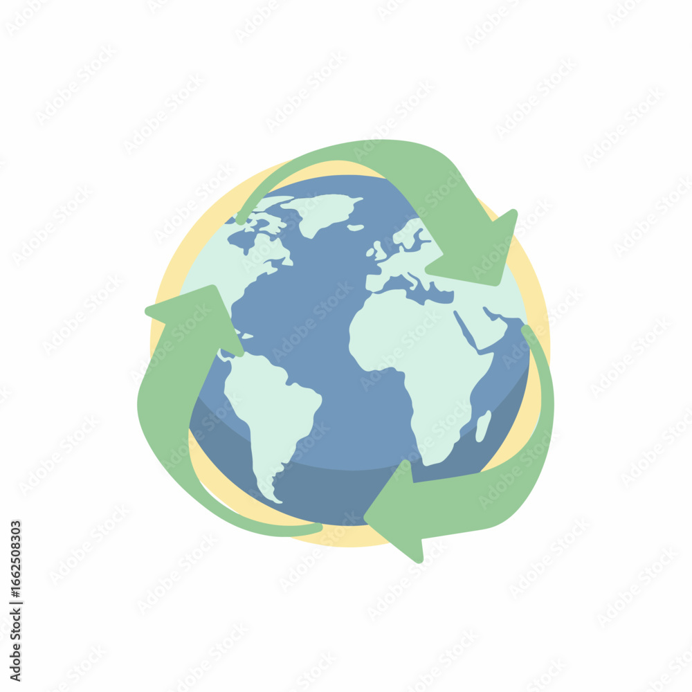 Naklejka premium Flat vector globe with recycle arrows in pastel colors, clean 2D style symbol for sustainability, eco-friendly living, and environmental care