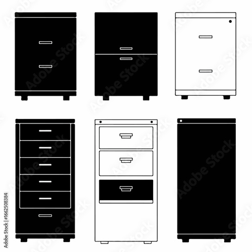 Set of six office filing cabinets and storage drawers, black silhouettes and outlines, isolated on white background, for organization and document management.
