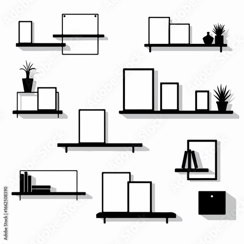 Collection of minimalist black silhouette wall shelves with decorative items like empty frames, books, and plants for interior design concepts.