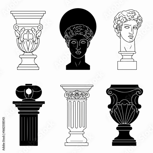 Collection of Classical Art Elements: Greek and Roman Busts, Ornate Vases, and Architectural Columns in Minimalist Line Art and Silhouette Style