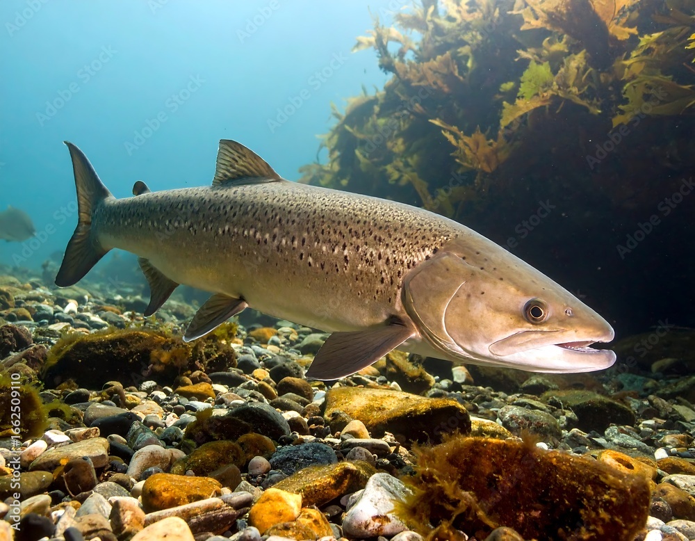 Naklejka premium Underwater shot of a fish in a rocky streambed