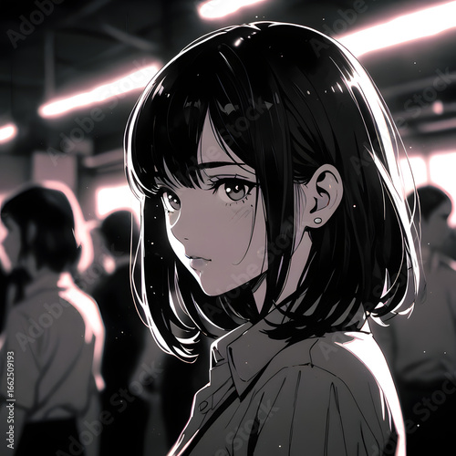 Anime Girl in a Crowded Room Contemplating Life with Soft Lighting and Monochromatic Tones Evoking Calmness